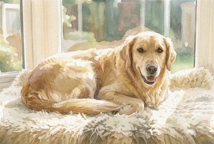 A golden retriever on a sheepskin bed in a soft watercolour style